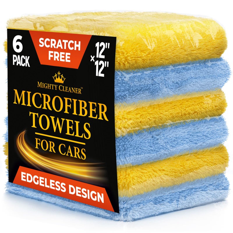 Mighty Cleaner مناشف من الألياف الدقيقة بدون حواف للسيارات - 6 قطع (12 × 12) - 540 جرامًا لكل متر مربع - تفاصيل وتلميع فائقة النعومة - أقمشة تنظيف من الألياف الدقيقة خالية من الخدوش وماصة لتلميع السيارات - Image 1